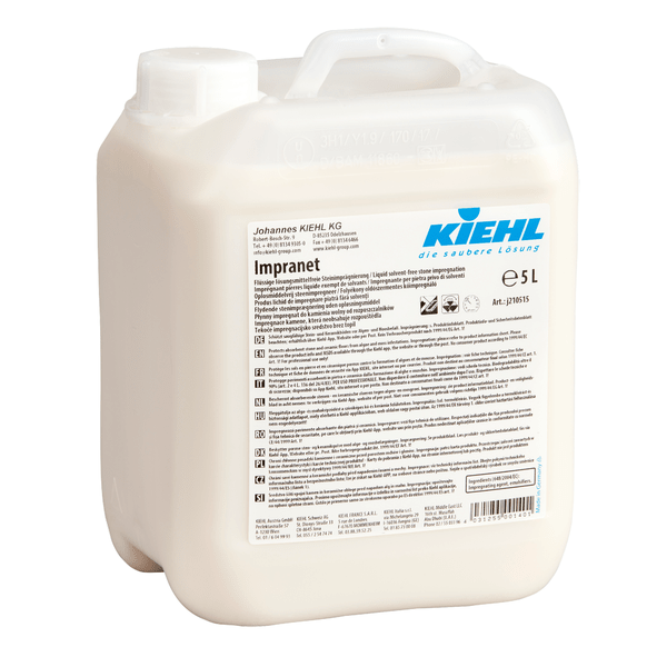 A white 5-liter plastic bottle of Kiehl Impranet solvent-free stone impregnation from Johannes Kiehl KG with a handle, screw cap, and multilingual label with blue Kiehl logo.