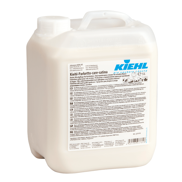 White plastic container with handle and screw cap labeled "Kiehl Kiehl-Parketto-care-satina Matte Care Dispersion for Wooden Floors 5 L" by Johannes Kiehl KG, with product information and multilingual instructions. Sold in a box with 2 bottles.