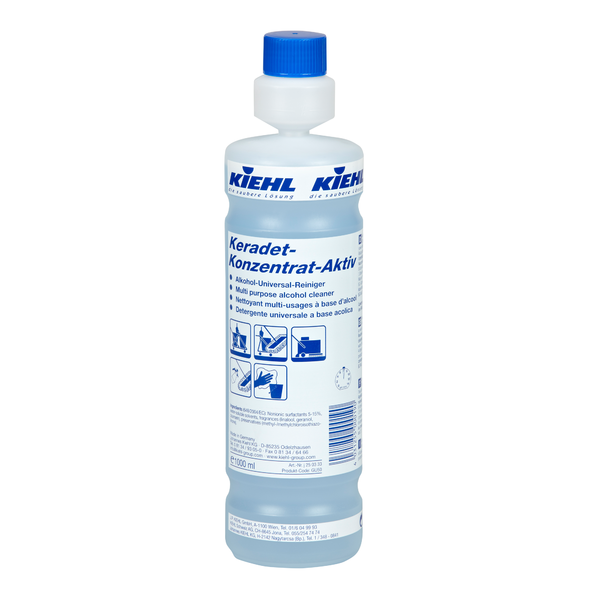Eine 1-Liter-Flasche Johannes Kiehl KG Kiehl Keradet-Konzentrat-Aktiv Alkohol-Universal-Reiniger zur streifenfreien Reinigung, mit blauem Verschluss und mehrsprachigem Etikett mit Produktinfos und Anwendungshinweisen.
