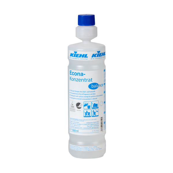 A 1-liter plastic bottle with a blue cap and the inscription "Kiehl Econa Concentrate balance all-purpose cleaner without fragrances and dyes" by Johannes Kiehl KG. The highly concentrated cleaning agent features usage and safety instructions with pictograms on the label.