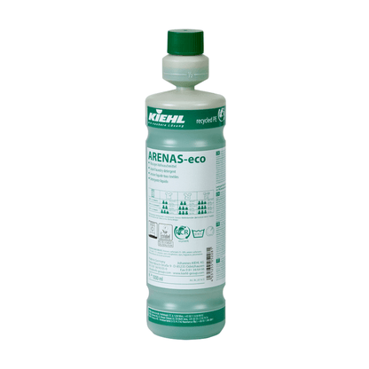 The 1-liter bottle of Kiehl ARENAS-eco Liquid Detergent from Johannes Kiehl KG has a green cap, a white-green label, and an eco-friendly label with multilingual instructions, pictograms, and product information.
