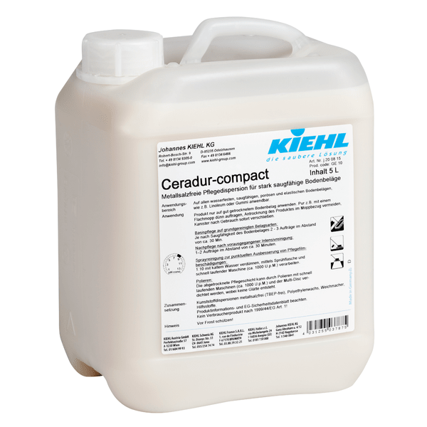 A 5-liter bottle of Johannes Kiehl KG Ceradur-compact, a metal salt-free care dispersion for highly absorbent floor coverings, comes in white plastic with a handle and a German label. Sold in a box with 2 bottles.