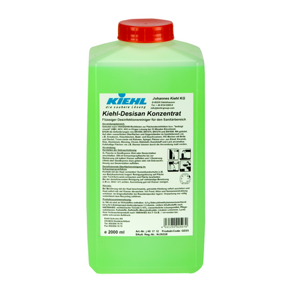 For hygienic cleanliness in the sanitary area, the green 2-liter plastic bottle Kiehl Desisan Concentrate Liquid acid-free disinfectant cleaner from Johannes Kiehl KG with a white label and German instructions ensures.