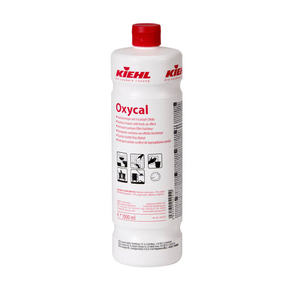 The white 1-liter bottle of Johannes Kiehl KG Oxycal sanitary cleaner with fresh air effect has a red cap, a German label with application symbols for hygienically clean surfaces, clear instructions, and the Kiehl logo on the top.