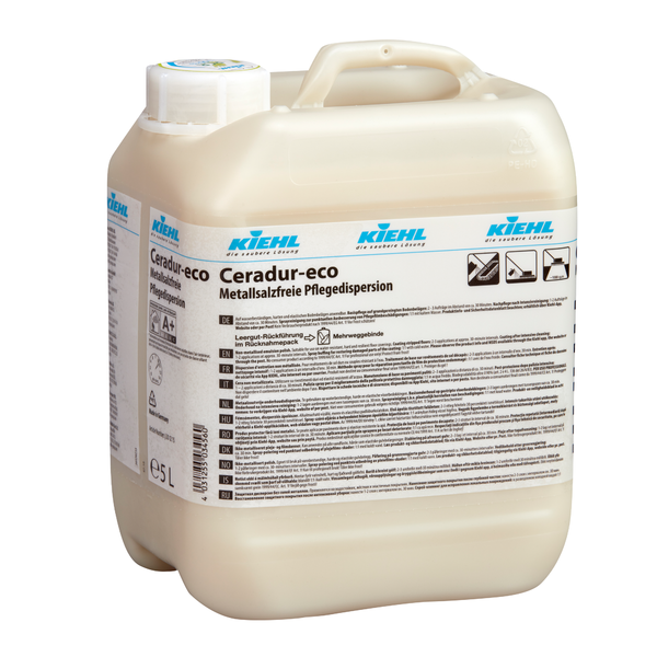 A 5-liter bottle of Kiehl Ceradur-eco metal salt-free care dispersion from Johannes Kiehl KG, with a white cap and a detailed German label, available in a carton with 2 bottles.