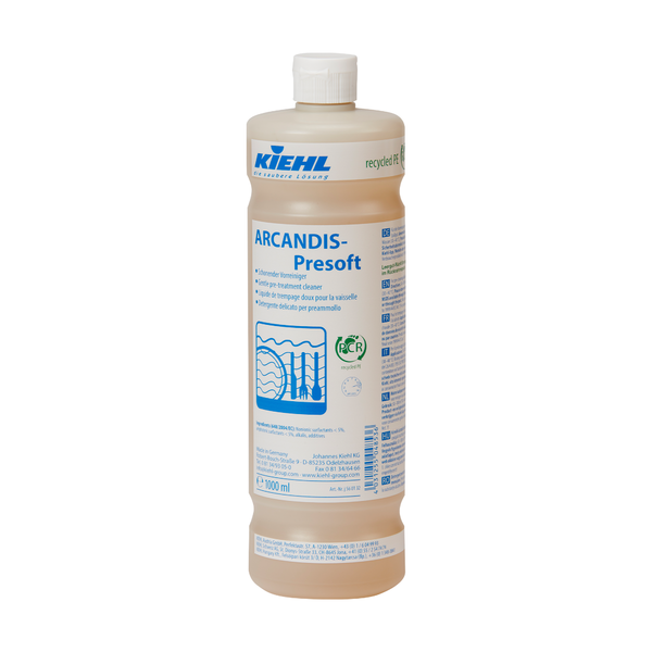 A beige 1L plastic bottle labeled "Kiehl ARCANDIS-Presoft Gentle Pre-Cleaner" by Johannes Kiehl KG, with blue and white lettering, provides product information and dosage for professional dishwashing or rinsing; available in cartons with 6 bottles.