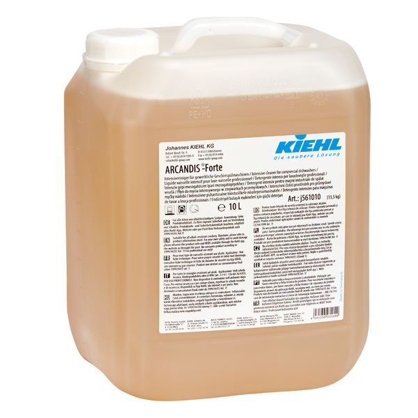A 10-liter container made of transparent plastic with a white screw cap, filled with amber-colored liquid. The label reads in several languages "Kiehl ARCANDIS-Forte Intensive Cleaner for Commercial Dishwashers" by Johannes Kiehl KG.
