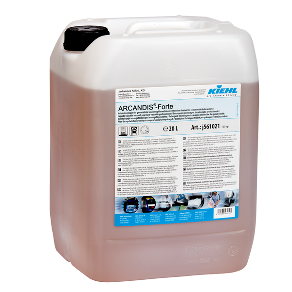 A 20-liter plastic container of Kiehl ARCANDIS-Forte Intensive Cleaner for Commercial Dishwashers by Johannes Kiehl KG with a white handle and a detailed front label with instructions and images.