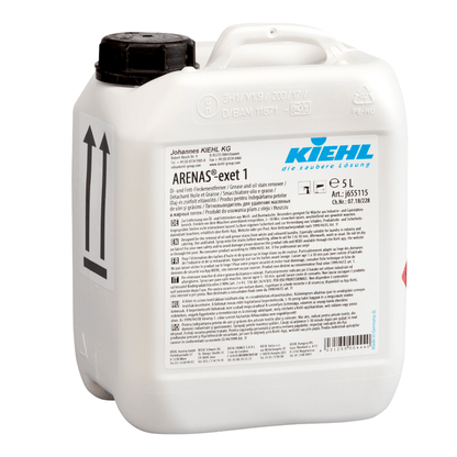 White 5-liter plastic container with a black lid and the label "Kiehl ARENAS-exet 1 Oil and Grease Stain Remover" by Johannes Kiehl KG with multilingual product and safety information. Ideal for removing stubborn oil and grease stains.