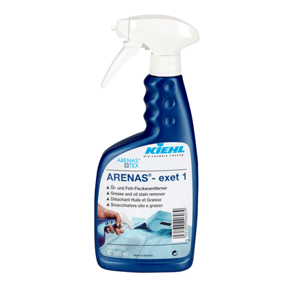 A blue and white 500 ml spray bottle of Kiehl ARENAS-exet 1 Oil and Grease Stain Remover by Johannes Kiehl KG, with a multilingual label and image of cleaning hands - ideal for removing stubborn oil and grease stains.