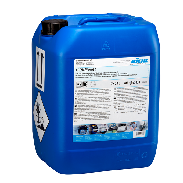 A blue 20 l canister from Johannes Kiehl KG with the label "Kiehl ARENAS-exet 4 Color and Mildew Stain Remover", featuring product information, hazard symbols, and application instructions on the front and side; ideal for removing color and mildew stains.