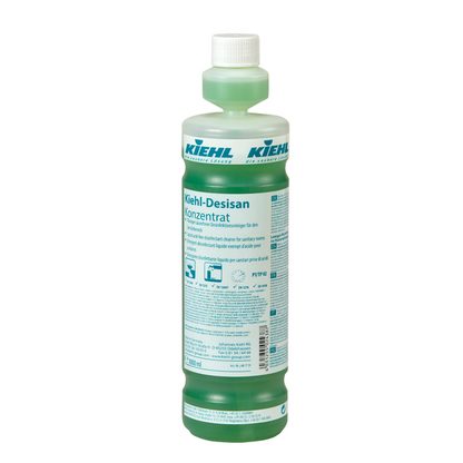 A green plastic bottle Kiehl Desisan Concentrate Liquid acid-free disinfectant cleaner from Johannes Kiehl KG, with a white cap and German label with product information, pictograms, and application instructions for acid-free hygienic cleaning.