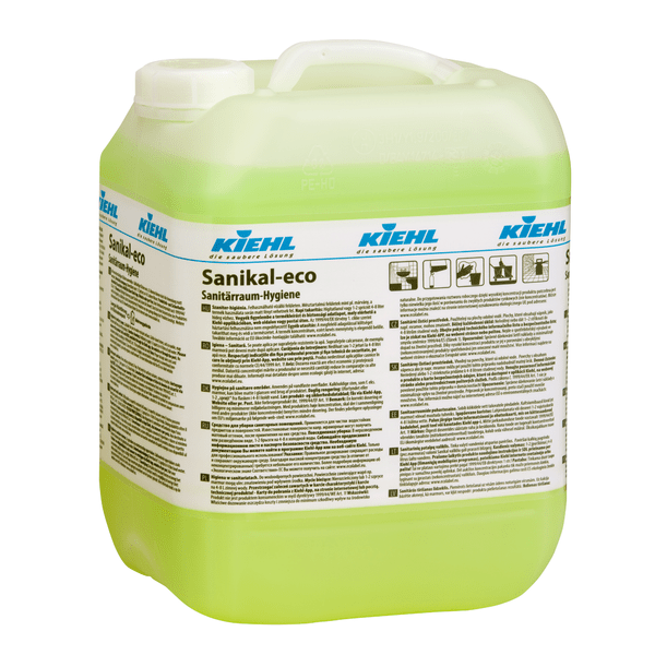 A transparent plastic container with a handle and screw cap, filled with light green liquid, labeled "Kiehl Sanikal-eco Sanitary Room Hygiene" by Johannes Kiehl KG, with instructions for effective cleaning and a detailed manual.