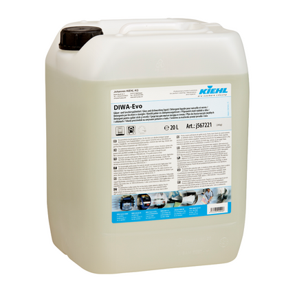 A 20-liter container made of transparent plastic with a black screw cap, labeled "Kiehl DIWA-Evo glass and dishwashing detergent" from Johannes Kiehl KG. The blue-white-black label contains instructions and hazard symbols.