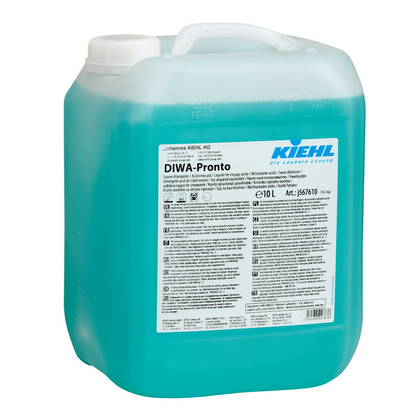 Kiehl DIWA-Pronto Acid Rinse Aid by Johannes Kiehl KG in a 10-liter container made of translucent plastic with a white screw cap and detailed label, developed for commercial dishwashers to ensure streak-free results.