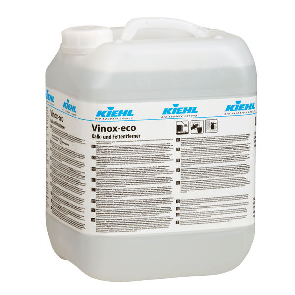 Large, semi-transparent plastic container with handle and screw cap, labeled "Kiehl Xon-forte Foam Cleaner for the Food Sector" by Johannes Kiehl KG. It contains a special cleaning foam for the food sector. Includes multilingual instructions.
