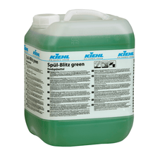 A large plastic bottle with Kiehl Spül-Blitz green hand dishwashing detergent from Johannes Kiehl KG, an environmentally friendly, biodegradable dishwashing detergent with a screw cap, handle, and detailed instructions on the label.