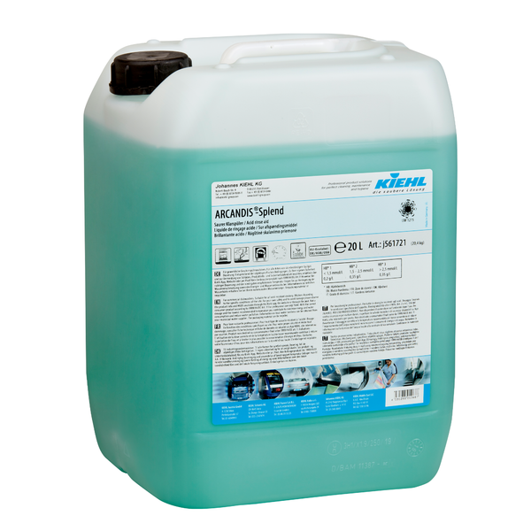 A 20-liter container made of transparent plastic with a black lid, filled with blue-green liquid. The label reads Kiehl ARCANDIS-Splend Acidic Rinse Aid by Johannes Kiehl KG for dishwashers, effective against lime deposits.