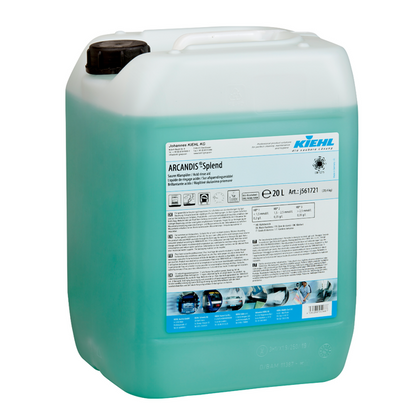 A 20-liter container made of transparent plastic with a black lid, filled with blue-green liquid. The label reads Kiehl ARCANDIS-Splend Acidic Rinse Aid by Johannes Kiehl KG for dishwashers, effective against lime deposits.