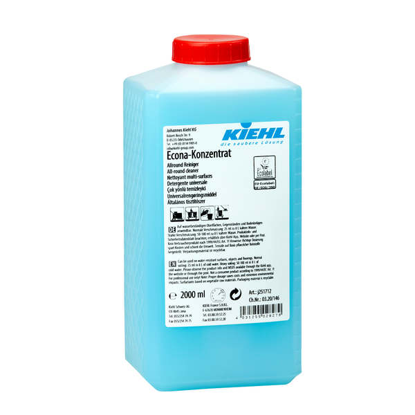 A rectangular 2-liter plastic container with a red screw cap, filled with blue liquid. The label bears the inscription "Kiehl Econa Concentrate All-Purpose Cleaner" from Johannes Kiehl KG and contains instructions and safety symbols in several languages.