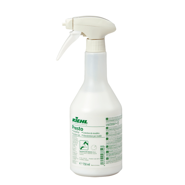 White 750 ml spray bottle Kiehl Presto furniture care by Johannes Kiehl KG with green lettering and instructions for cleaning and caring for wood and plastic surfaces, with white spray nozzle.