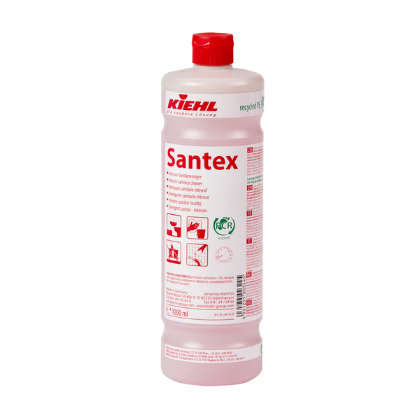 Die 1.000-ml-Kunststoffflasche des Kiehl Santex Intensiv-Sanitärreinigers der Johannes Kiehl KG hat einen roten Verschluss, ein rotes Etikett mit Anwendungshinweisen, Piktogrammen und Produktinfos sowie ein grünes Prüfzeichen und ist ein wirksamer Sanitärreiniger und Entkalker.