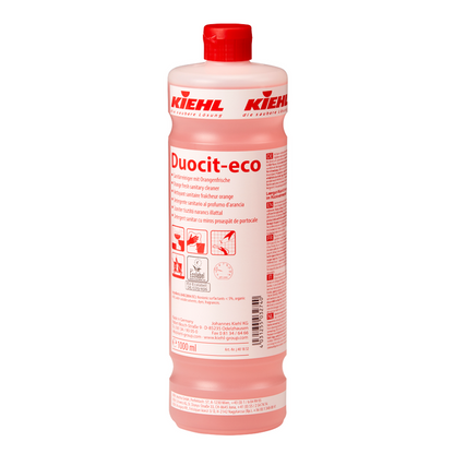 The 1-liter bottle of Kiehl Duocit-eco sanitary cleaner with orange freshness by Johannes Kiehl KG has a red cap and a label with multilingual information. The bottle contains pink liquid for eco-friendly cleaning and leaves a fresh orange scent.
