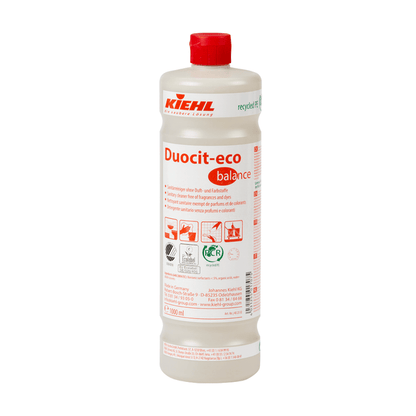 A 1-liter plastic bottle Johannes Kiehl KG Kiehl Duocit-eco balance sanitary cleaner without fragrances and dyes with a red cap and a white label with red and black product information, symbols, and application instructions.