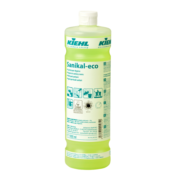 The 1-liter plastic bottle Kiehl Sanikal-eco Sanitary Room Hygiene by Johannes Kiehl KG contains a greenish liquid and is equipped with a label featuring product information, effective cleaning tips, sanitary room hygiene symbols, and a user manual for the bathroom.