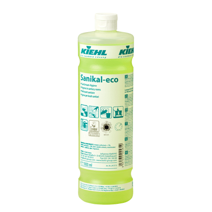 The 1-liter plastic bottle Kiehl Sanikal-eco Sanitary Room Hygiene by Johannes Kiehl KG contains a greenish liquid and is equipped with a label featuring product information, effective cleaning tips, sanitary room hygiene symbols, and a user manual for the bathroom.