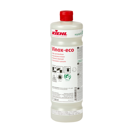 Eine weiße 1-Liter-Kunststoffflasche mit der Aufschrift "Kiehl Xon-forte Schaumreiniger für den Lebensmittelbereich" der Johannes Kiehl KG, mit mehrsprachigem Text und Zertifizierungssymbolen - ideal für die professionelle Reinigung im Lebensmittelbereich.