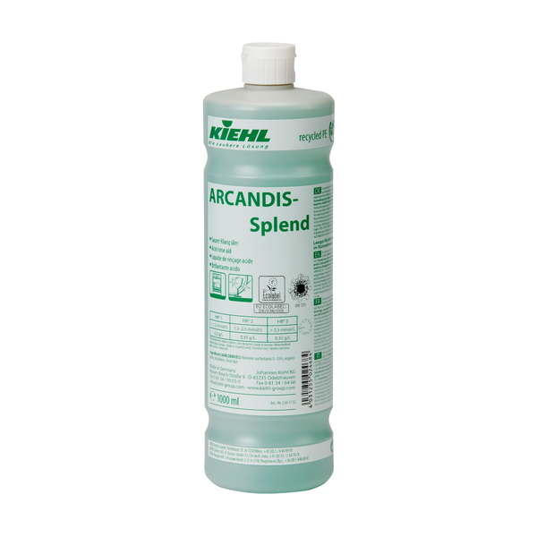 A 1,000-ml bottle of Kiehl ARCANDIS-Splend Acidic Rinse Aid by Johannes Kiehl KG, a green-colored rinse aid for dishwashers. The label contains multilingual instructions, safety symbols, and information on usage against lime.