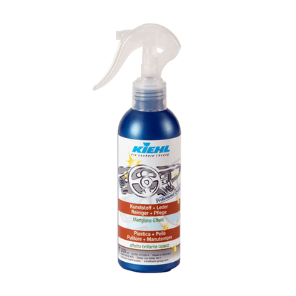 Plastic spray bottle from Johannes Kiehl KG's Kiehl Plastic+Leather / Cleaner+Care for cleaning and caring for car interiors and leather, with a clear trigger nozzle and blue-white label with car interior graphic.