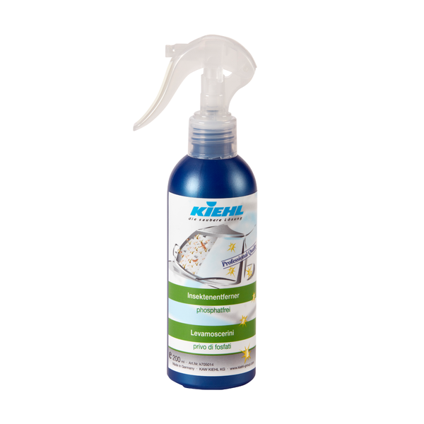 The Kiehl insect remover from Johannes Kiehl KG is a blue and white 200 ml spray bottle with a transparent trigger. The label features cars and insects, designed for effective insect protection as an insect remover for cars.
