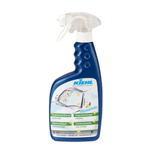 The blue spray bottle from Johannes Kiehl KG Kiehl insect remover with a white trigger and multilingual label, featuring a car window, offers effective insect protection for your vehicle.