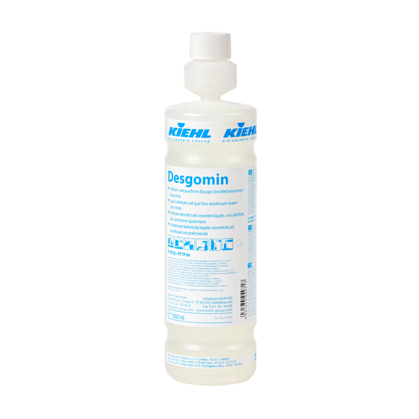 A clear 500 ml Kiehl Desgomin funnel bottle empty from Johannes Kiehl KG, contains 6 foam sprayers and 6 spray attachments per package (6 pieces), ideal for storing cleaning agents.