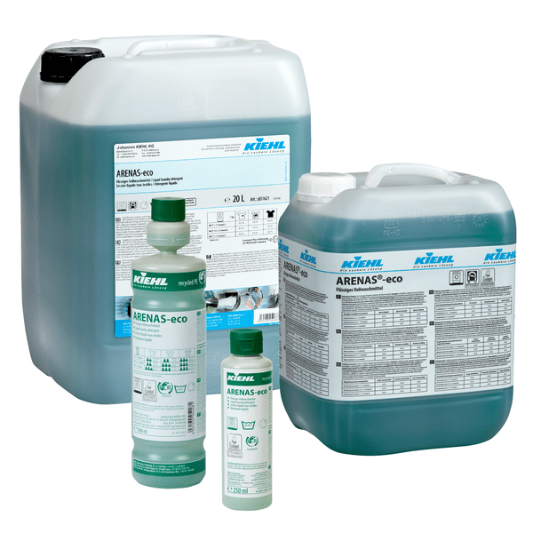 Four packages of Kiehl ARENAS-eco Liquid Detergent from Johannes Kiehl KG - two large jugs and two smaller bottles - are equipped with a labeled packaging and a blue-green eco-friendly liquid.
