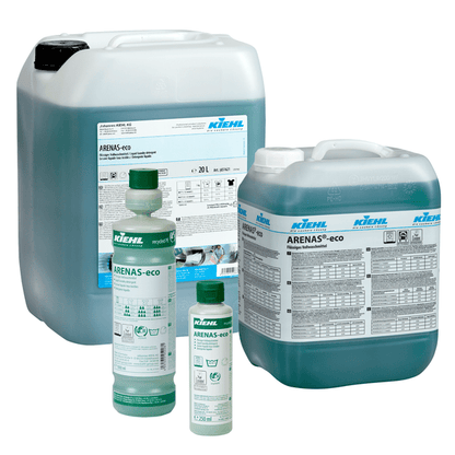 Four packages of Kiehl ARENAS-eco Liquid Detergent from Johannes Kiehl KG - two large jugs and two smaller bottles - are equipped with a labeled packaging and a blue-green eco-friendly liquid.