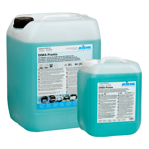 Two large plastic containers (20L and 10L) Kiehl DIWA-Pronto Acid Rinse Aid by Johannes Kiehl KG-blue liquid rinse aid for commercial dishwashers, ensures streak-free results.