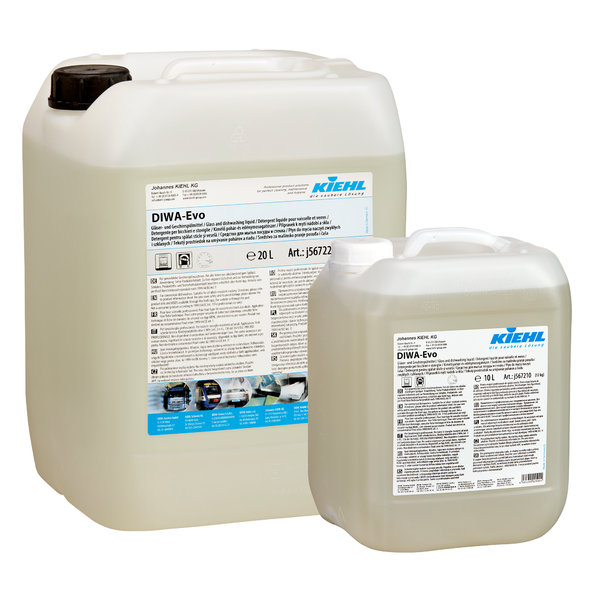 Two plastic containers (20L and 10L) of Kiehl DIWA-Evo glass and dishwashing detergent from Johannes Kiehl KG with white labels featuring product information, brand logo, and application instructions. Ideal as a dish and glass detergent.