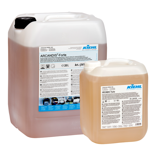 Two transparent plastic containers (20L & 10L) by Johannes Kiehl KG Kiehl ARCANDIS-Forte Intensive Cleaner for Commercial Dishwashers, with white product detail labels.