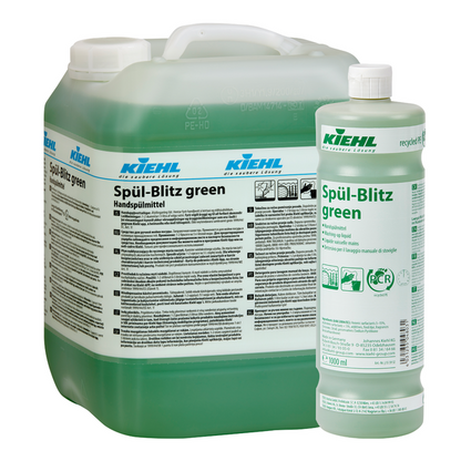 Pictured are two containers of the green hand dishwashing detergent Kiehl Spül-Blitz from Johannes Kiehl KG: a large transparent 10-liter canister with a handle and a smaller 1-liter bottle, both labeled as biodegradable in several languages.