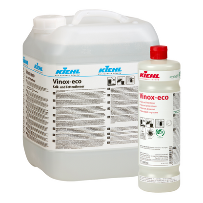 The Kiehl Vinox-eco lime and grease remover from Johannes Kiehl KG is available in 10L and 1L containers with detailed information and symbols. The environmentally friendly cleaner effectively removes lime and grease.
