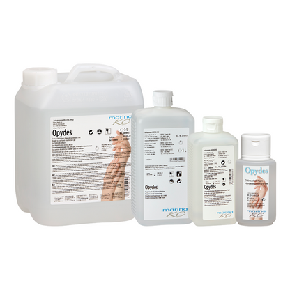 Pictured are four clear bottles of Kiehl Opydes Hygienic Hand Disinfection from Johannes Kiehl KG in various sizes in a row. They feature white and blue lettering with hand symbols for hygienic hand disinfection and germ reduction.