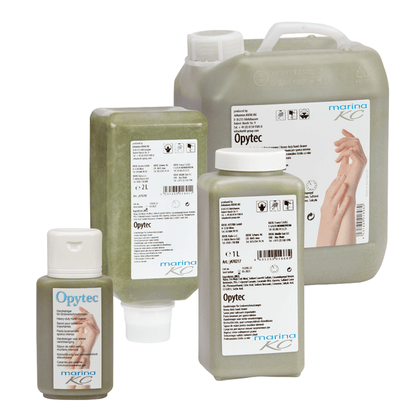 Pictured are four containers of Kiehl Opytec Hand Cleaner for heavy soiling from Johannes Kiehl KG, each with a white label with product information and hand illustrations. The green hand cleaner is visible in each container.