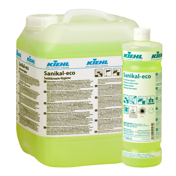 Two containers of Kiehl Sanikal-eco Sanitary Room Hygiene by Johannes Kiehl KG, one large and one small, filled with light green liquid. Both display labels with detailed text and symbols for effective cleaning and sanitary room hygiene.
