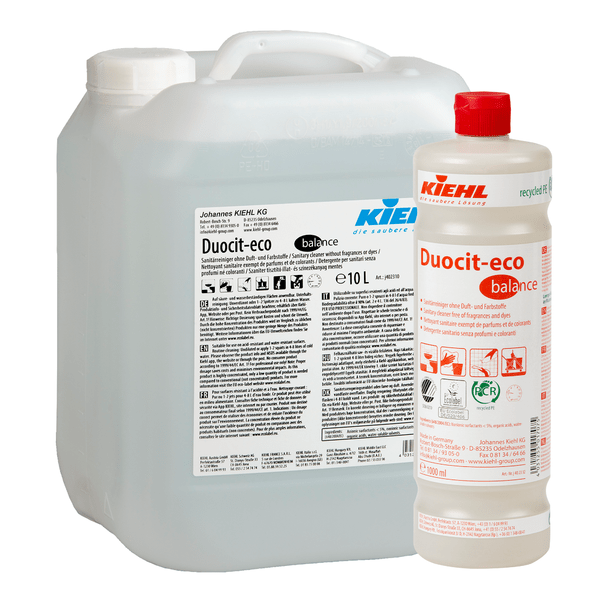 A 10L transparent canister and a 1L white bottle of Kiehl Duocit-eco balance sanitary cleaner without fragrances and dyes from Johannes Kiehl KG, both with a red cap and labeled with application and safety instructions.