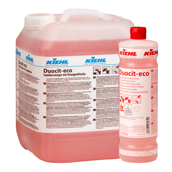 Two containers of Johannes Kiehl KG Kiehl Duocit-eco sanitary cleaner with orange freshness, one large and one small, are filled with red liquid and have white labels and red caps - ideal for eco-friendly cleaning.