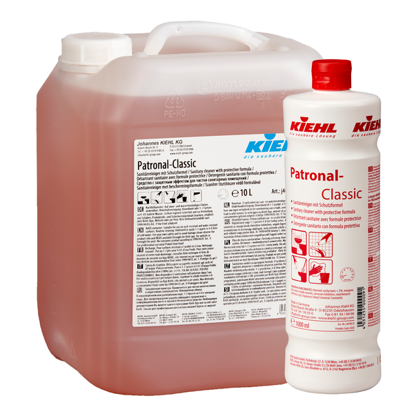 Two containers of Kiehl Patronal-Classic sanitary cleaner with protective formula from Johannes Kiehl KG - a 10L canister and a 1L bottle, both with white labels and red lettering; with biodegradable formula.