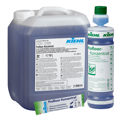 A 10-liter canister, a 1-liter bottle, and a small sachet of Kiehl Profloor Concentrate For One-Step Mopping by Johannes Kiehl KG, all filled with blue liquid and featuring white-green labels with product information and branding.